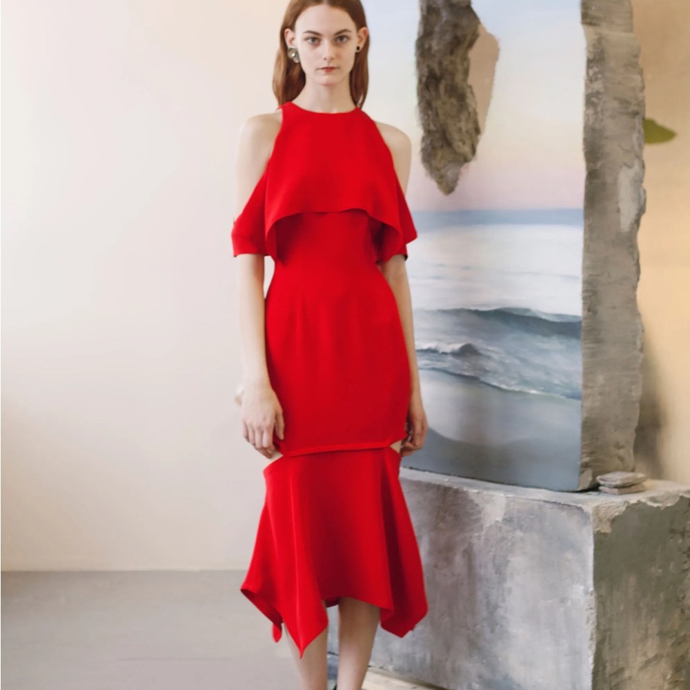 Yigal Azrouël Cold Shoulder Cape Sleeve Cardinal Red Dress